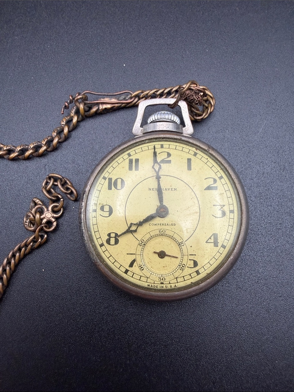 New Haven Compensated Pocket Watch WORKS! #W06 pocket chain vintage
